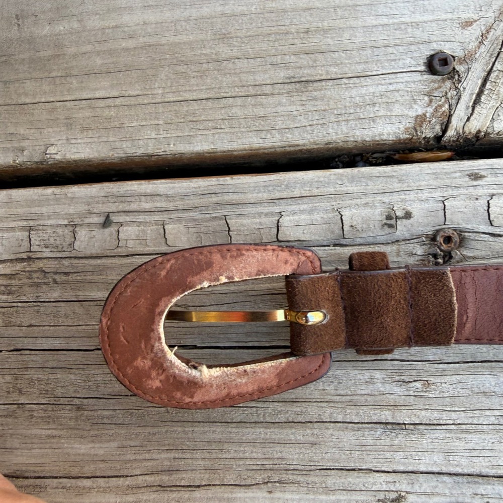 Pig Suede Leather Belt Womens Large Dark Brown Gold Buckle Classic Boho Western - Picture 10 of 15